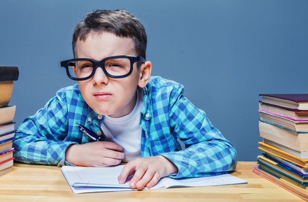 Child who's wearing glasses squinting into the distance while writing in a notebook, with piles of books on either side of their desk.