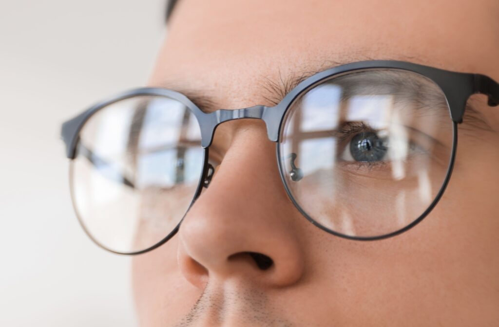 A close up of a persons myopia control glasses