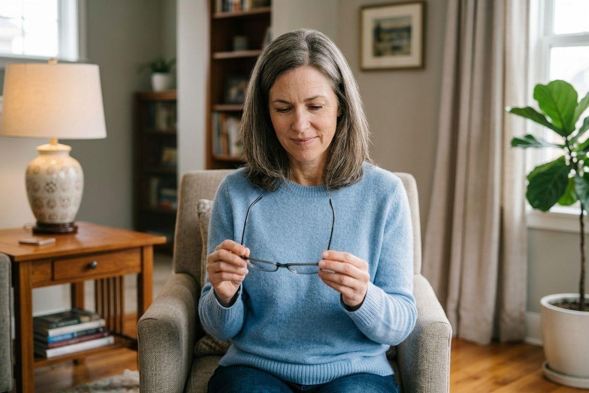 Adult sitting in an armchair at home, holding eyeglasses and looking down at them with a thoughtful expression.