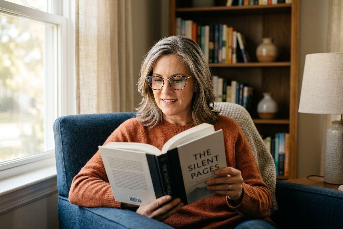 Smiling adult with glasses reading a book in a blue armchair near a window, bookshelf in background.