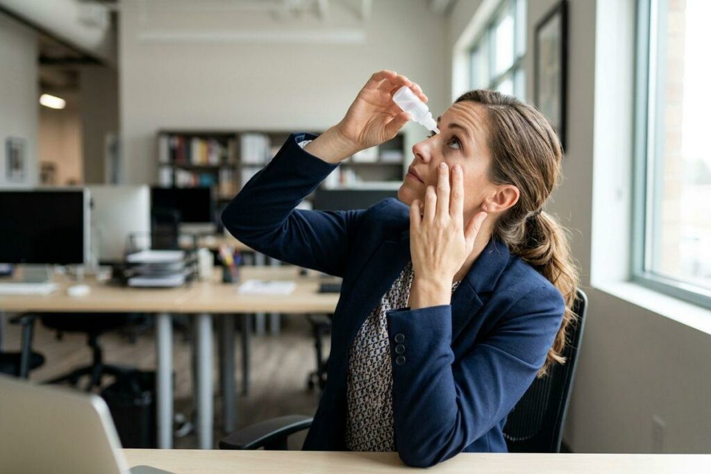 Adult seated at an office desk applying eye drops from a small bottle, tilting their head back, in an open-plan workspace.