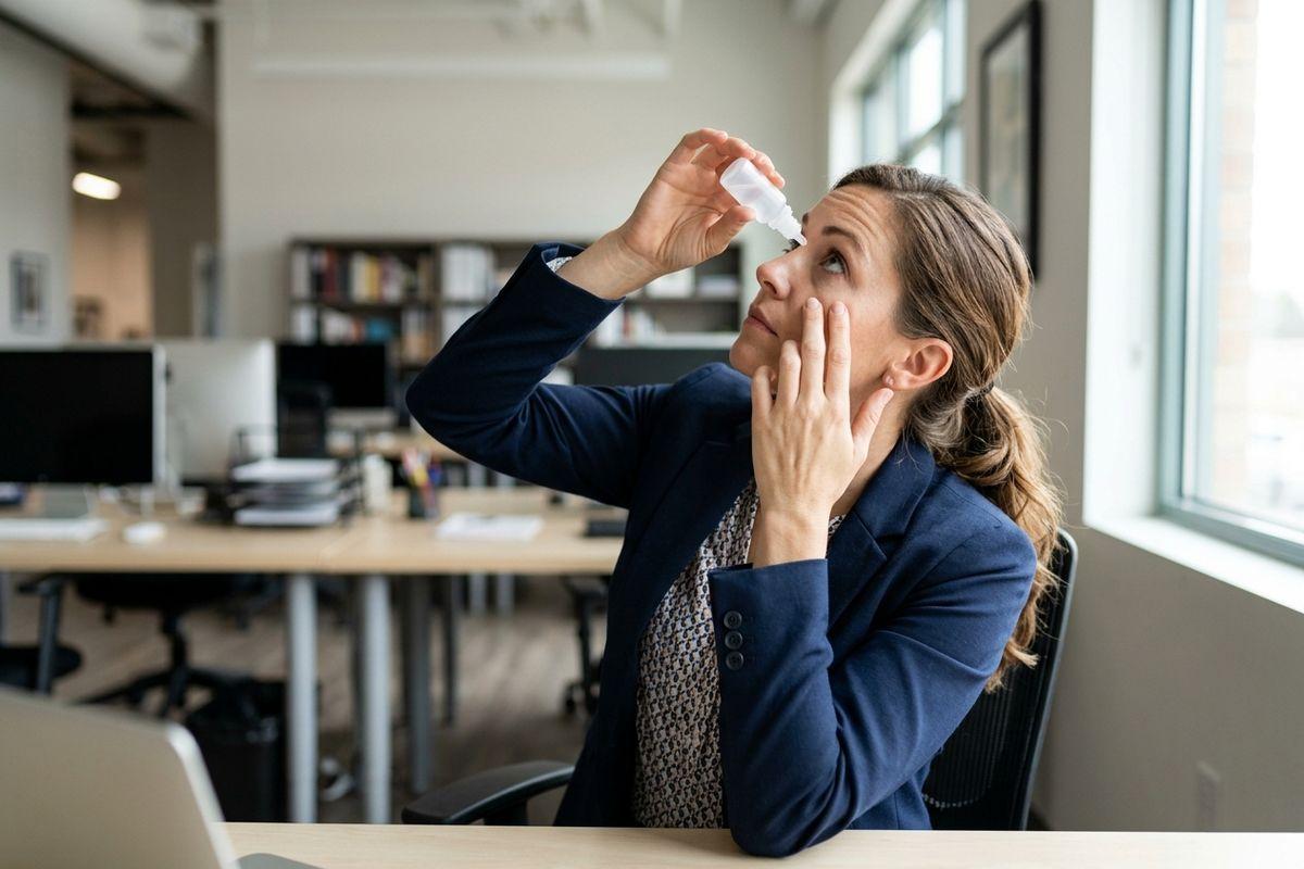 Adult seated at an office desk applying eye drops from a small bottle, tilting their head back, in an open-plan workspace.
