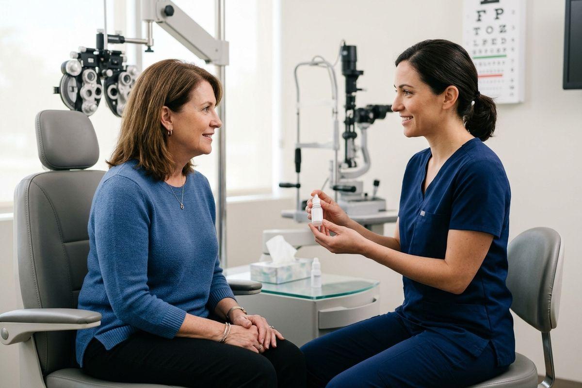 Optometrist smiling, holding a small bottle while consulting with a patient seated in an exam chair in an eye clinic.