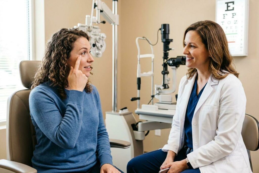Patient pointing to their eye while talking with a smiling optometrist in an eye exam room with a slit lamp and eye chart.