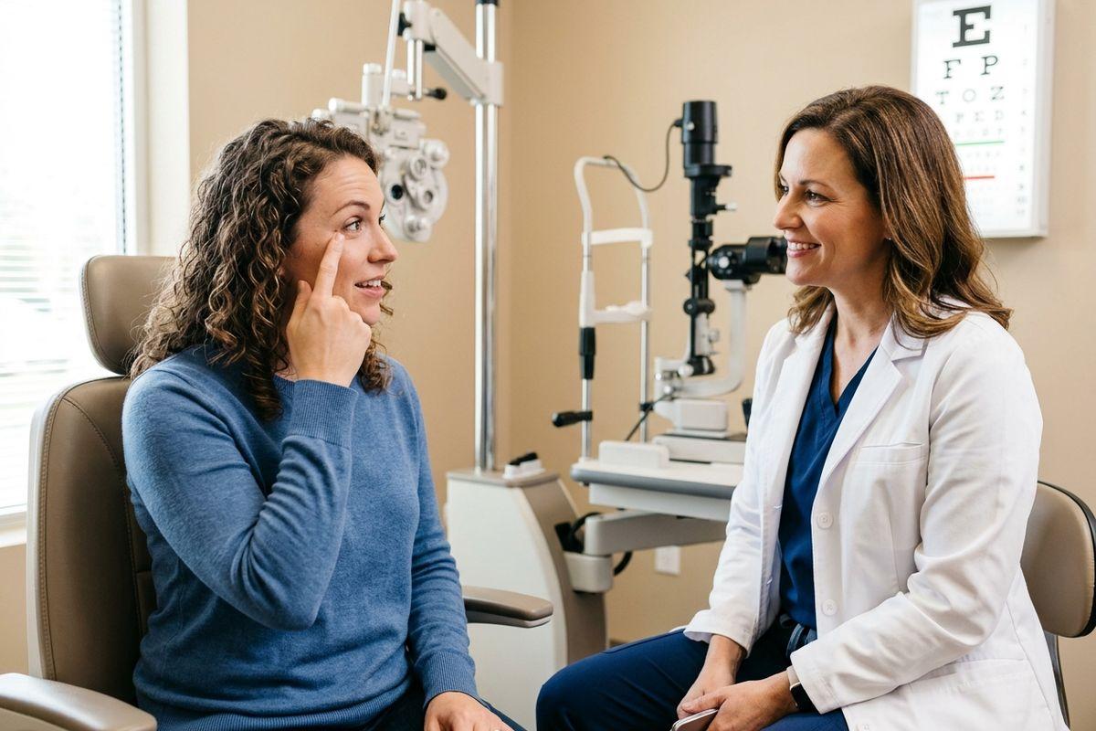 Patient pointing to their eye while talking with a smiling optometrist in an eye exam room with a slit lamp and eye chart.
