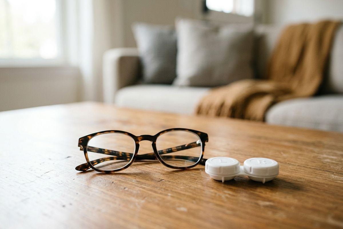 Tortoiseshell glasses and a white contact lens case resting on a wooden coffee table, with a sofa in the background.