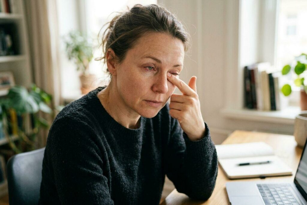 Adult in a dark sweater rubs one eye while seated at a desk with a laptop and open notebook in a bright room with plants and books.