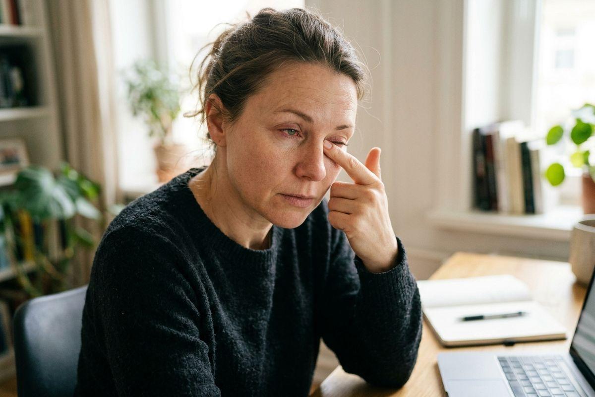 Adult in a dark sweater rubs one eye while seated at a desk with a laptop and open notebook in a bright room with plants and books.