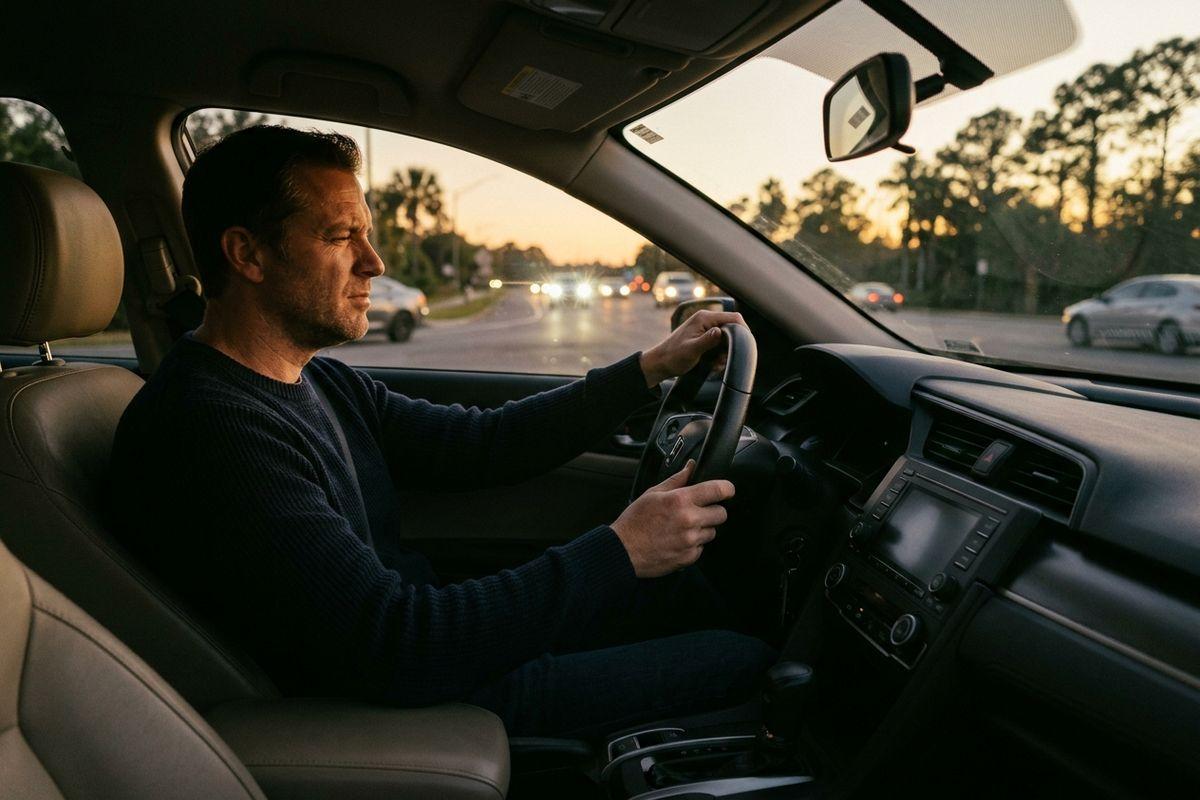 Adult squinting while driving a car at dusk, both hands on the steering wheel, with oncoming headlights on the road ahead