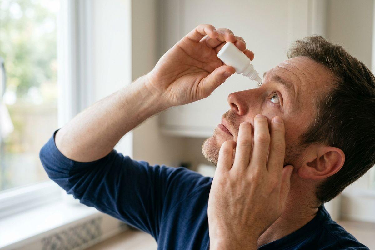 An adult applying eye drops from a small white bottle into their eye while pulling down their lower eyelid, indoors near a window.