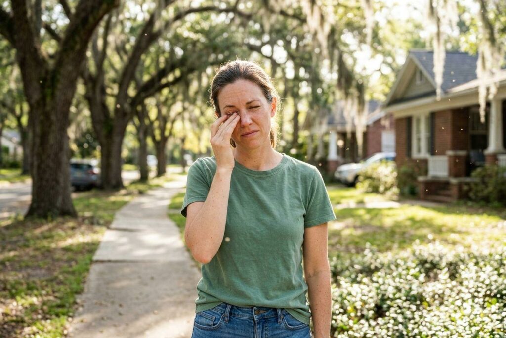 An adult standing on a tree-lined sidewalk rubbing one eye with their hand, eyes closed, outdoors in a residential neighborhood.