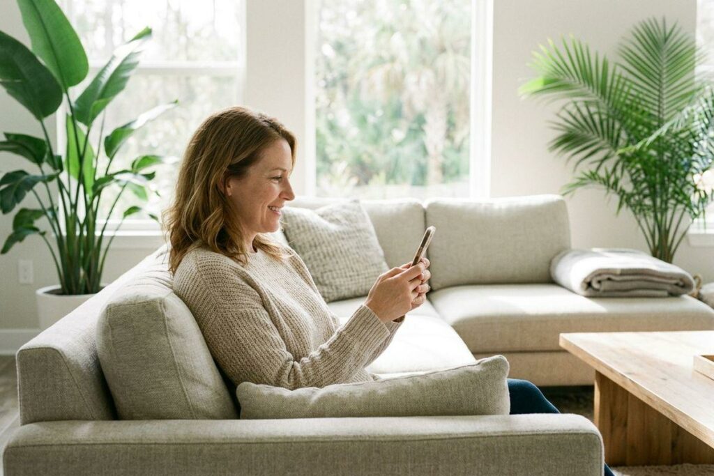 Smiling adult sits on a beige sectional sofa looking at a smartphone in a bright living room with large windows and potted plants.